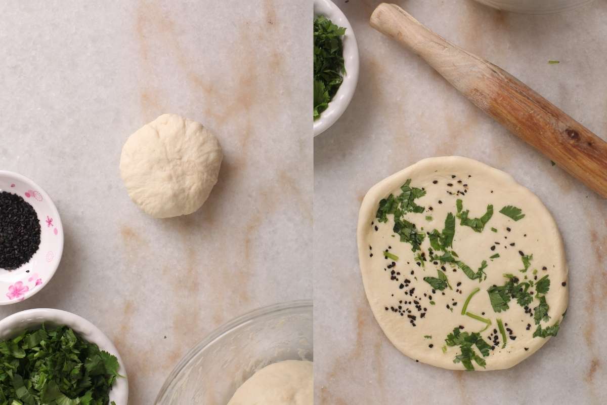 Rolled Kulcha sprinkled with black garlic, nigella & cilantro