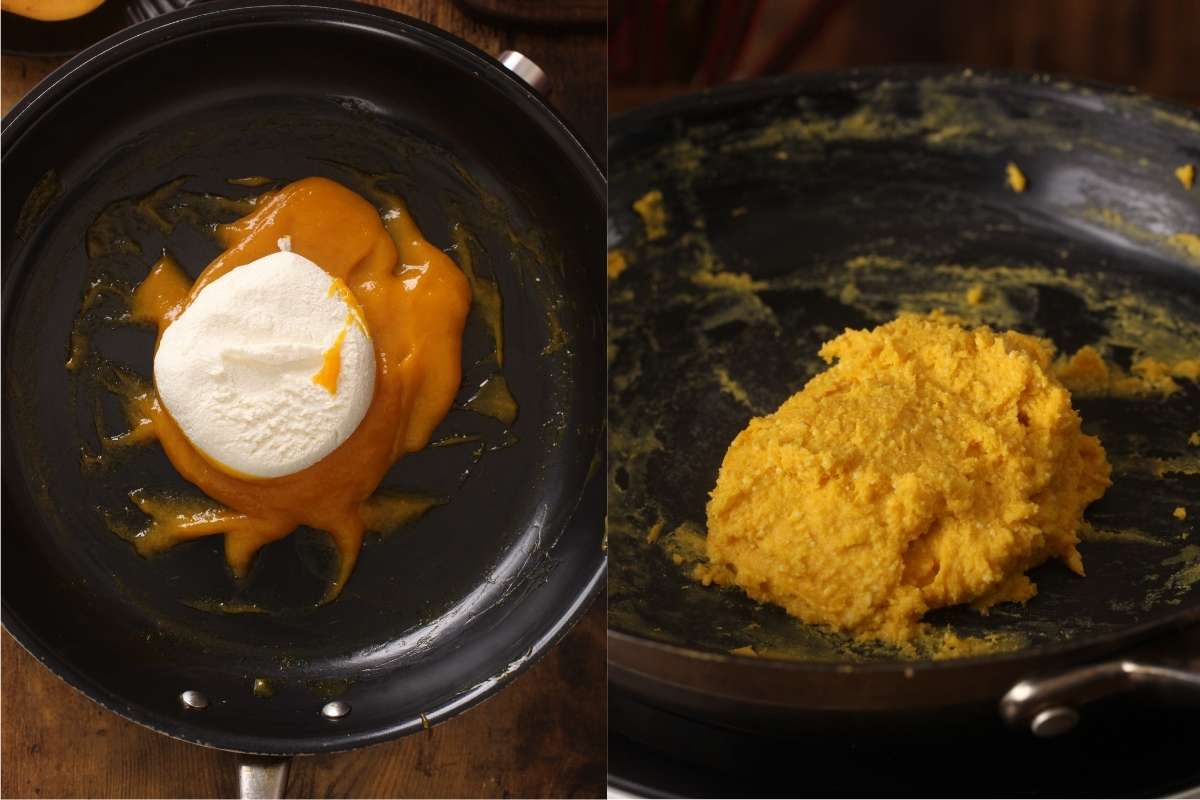 Cooking Mango Puree & Chena together to make Sandesh with mangoes 