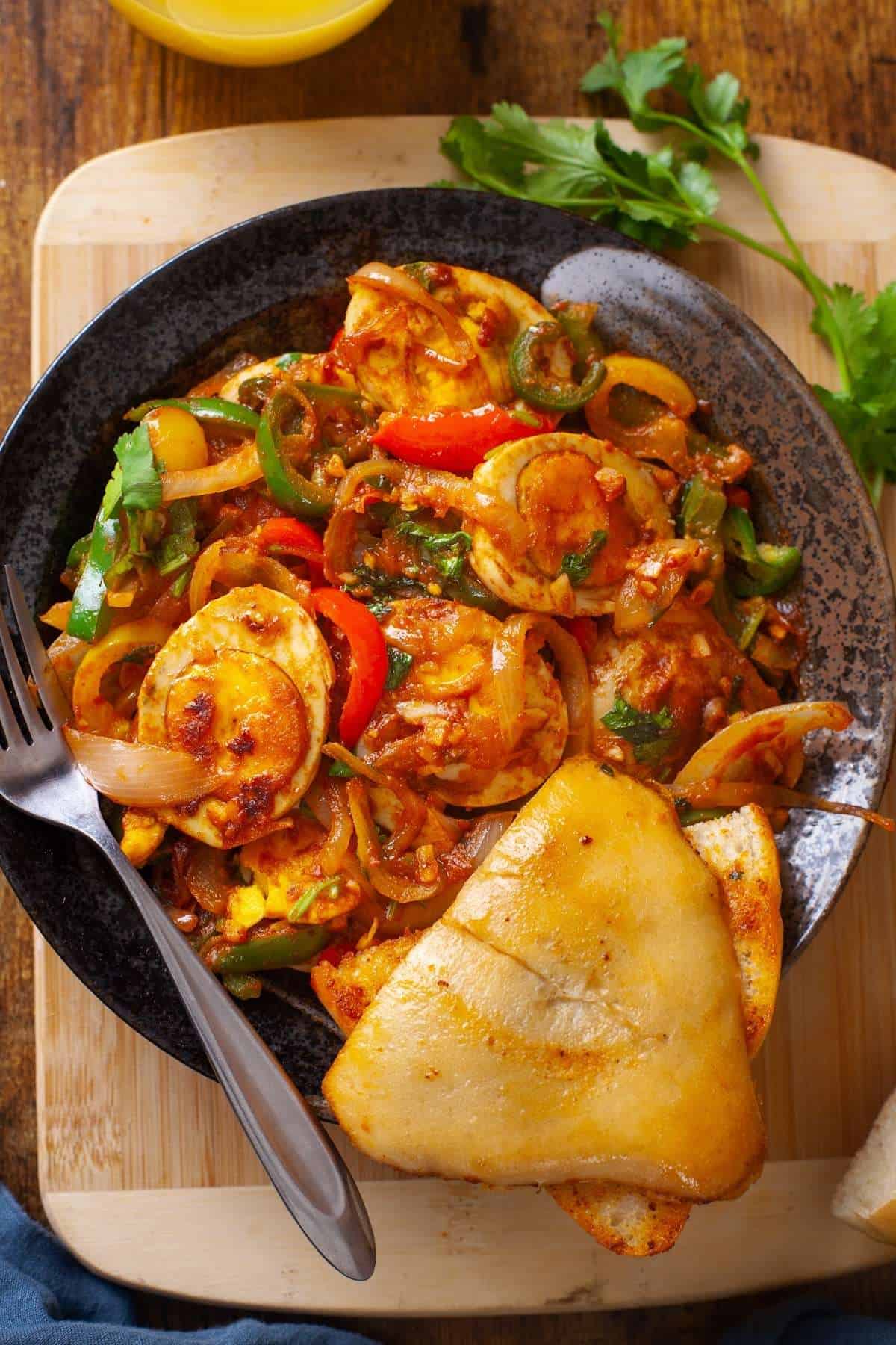 Close up of skillet eggs