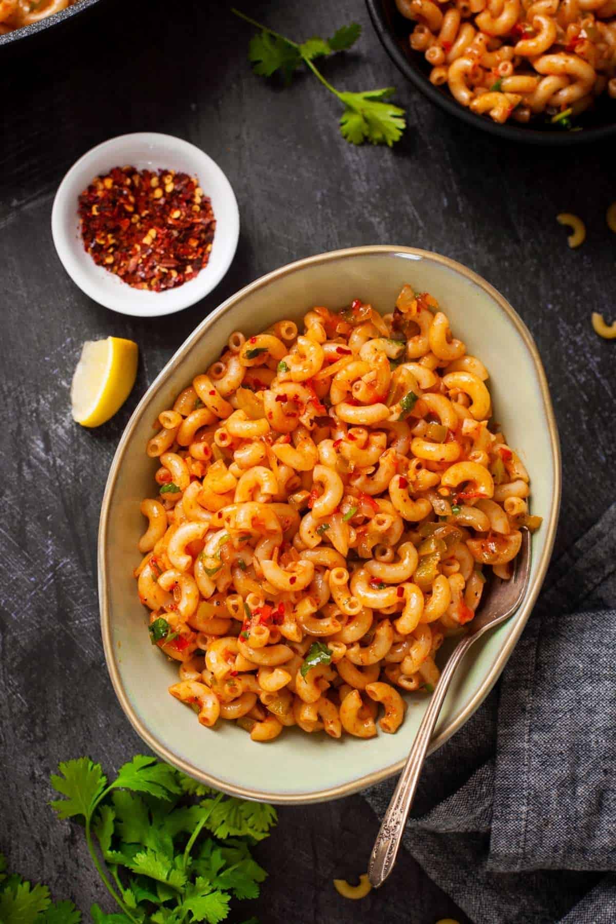 Masala Macaroni in an Oval Dish