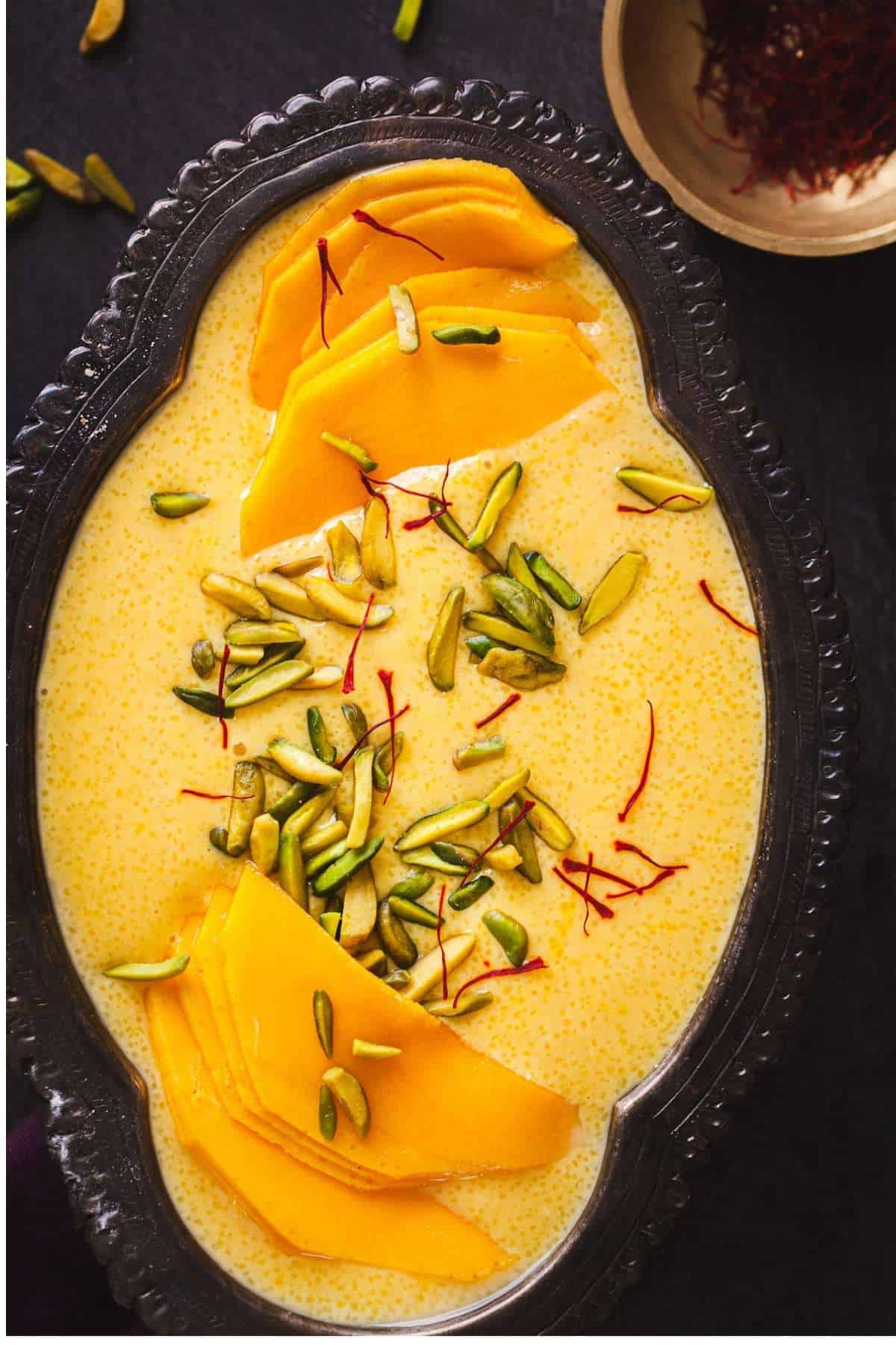 Closeup of mango phirni.