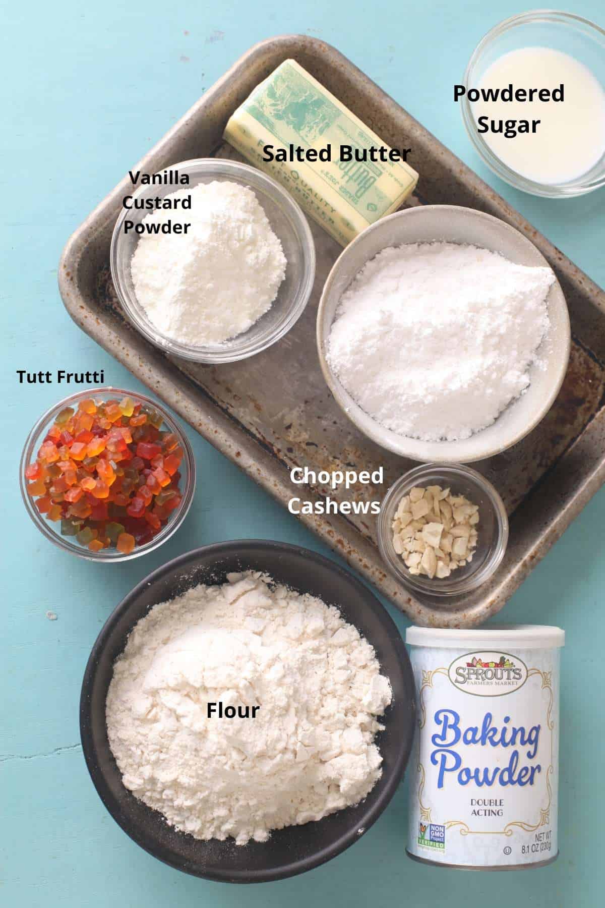 Ingredients Needed for Eggless Tutti Frutti Biscuits.