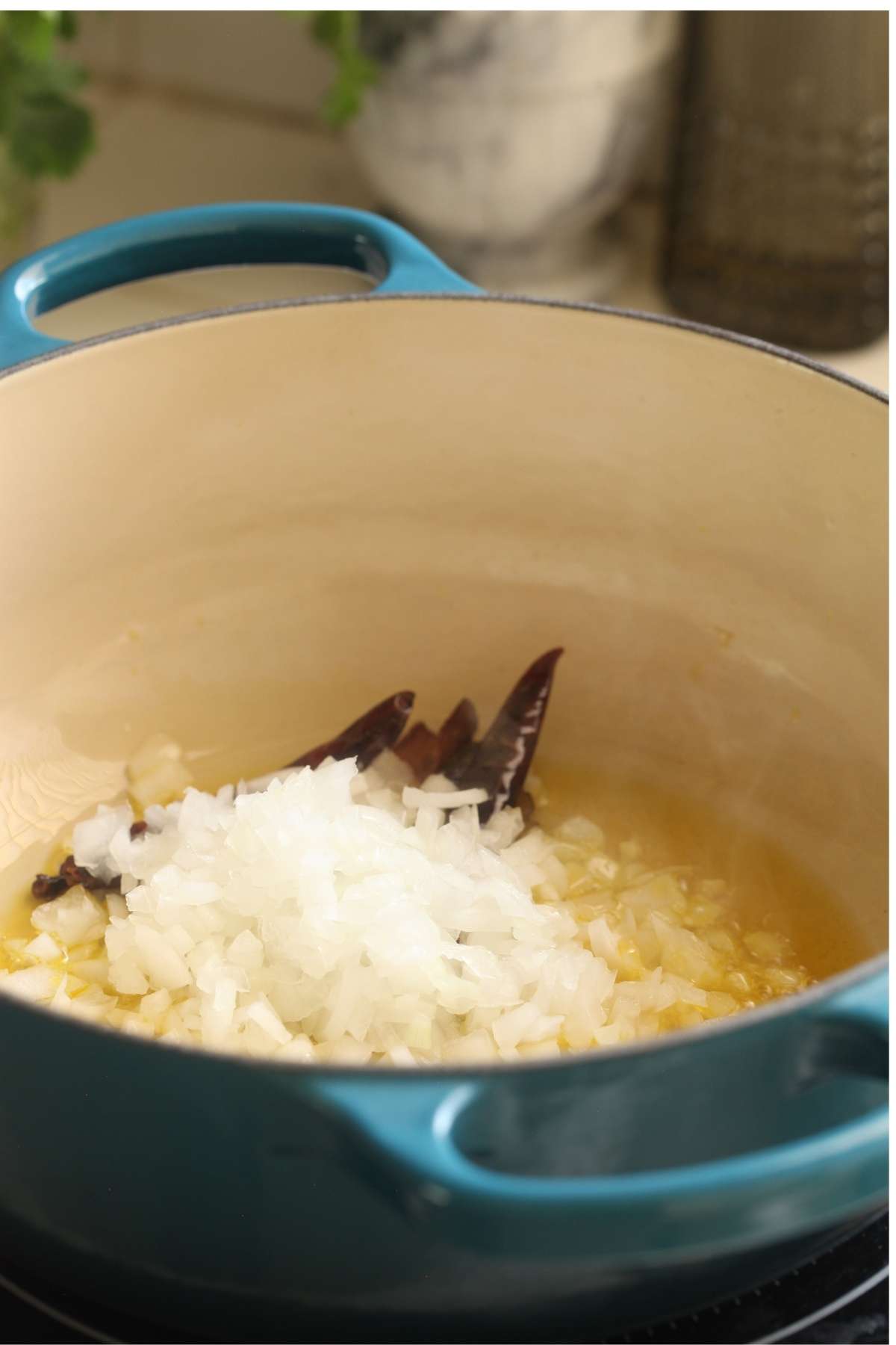 Chopped onions added to oil