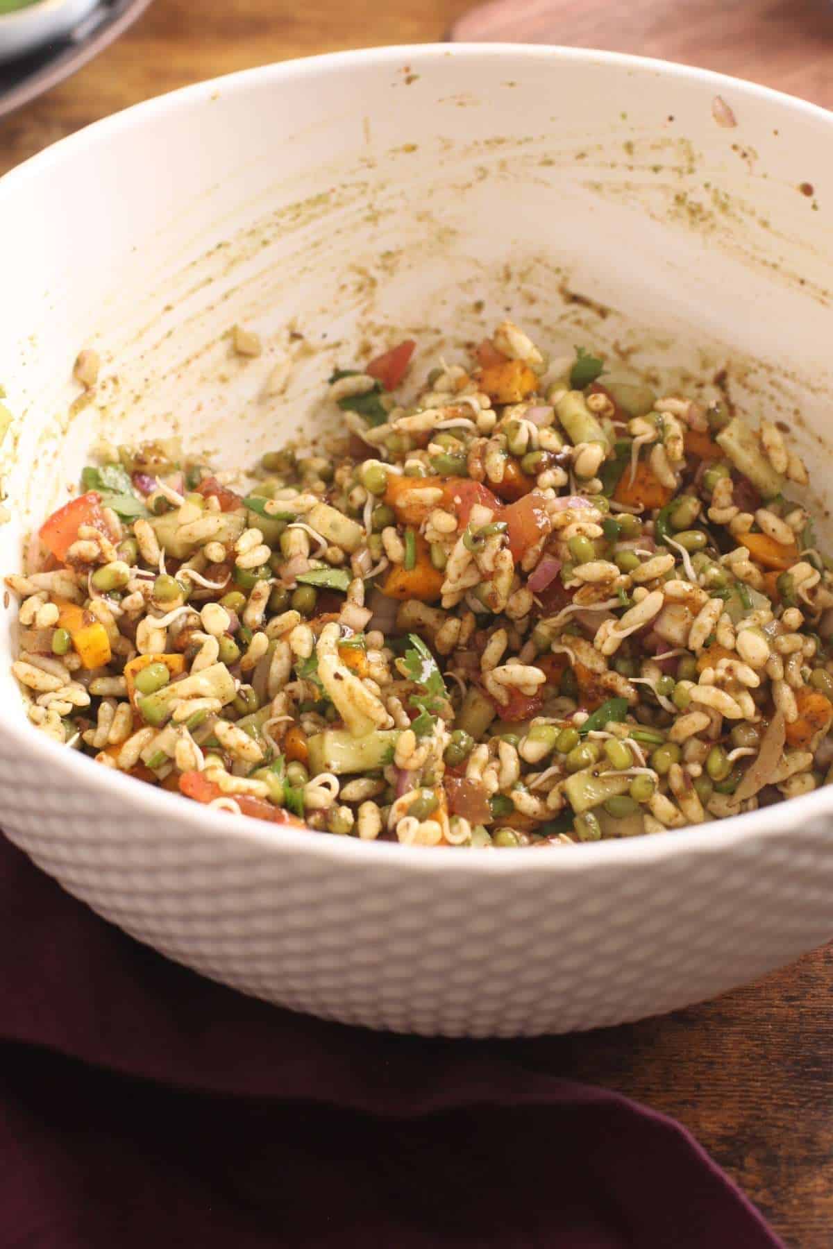 Bhel mixed together and ready to plate.