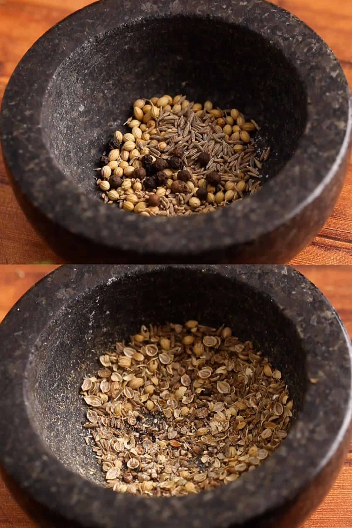 Coarsely ground spices in a black mortar.