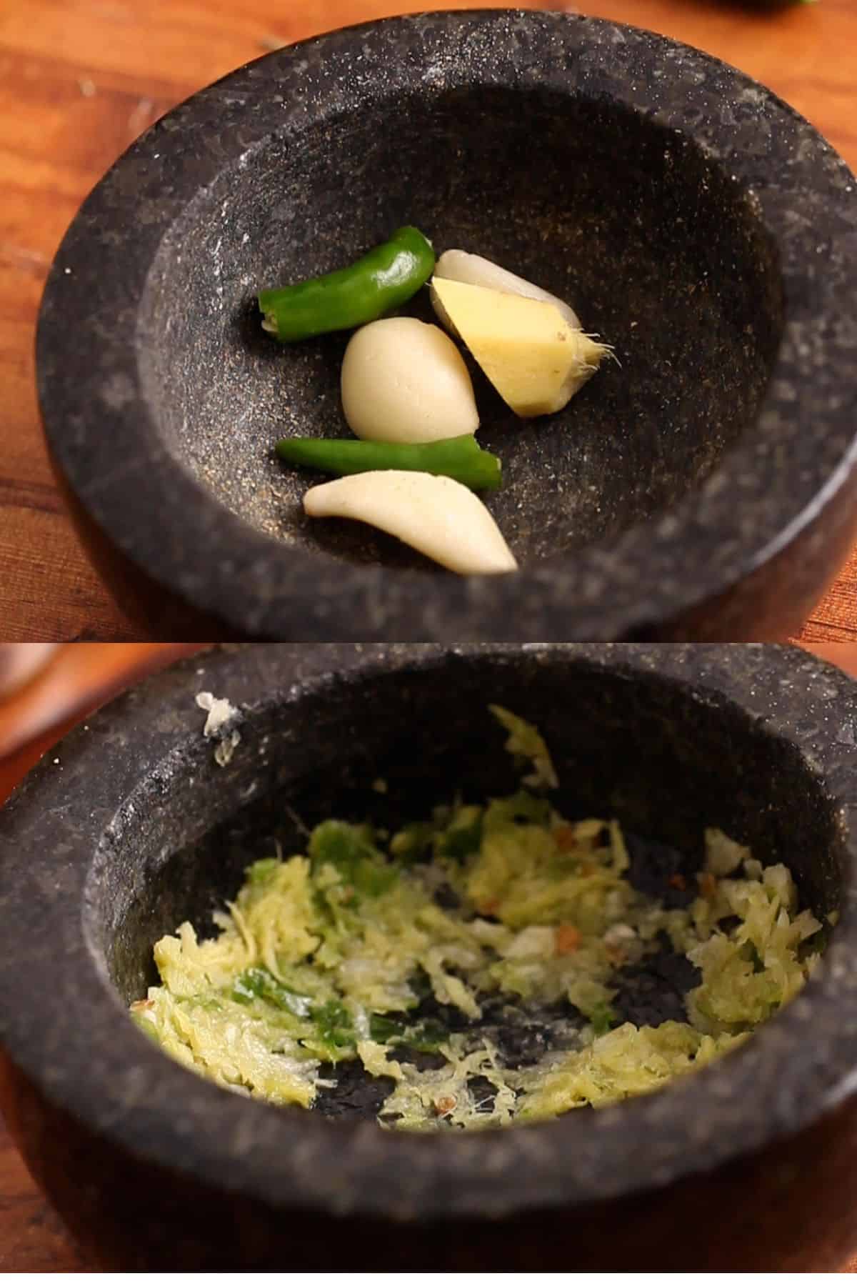 Coarsely ground ginger, garlic and green chilli in a black mortar.