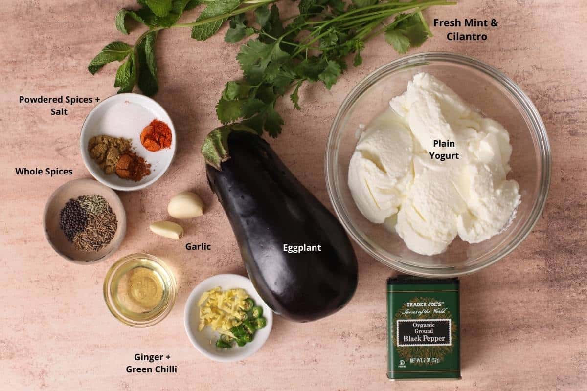 Ingredients needed to make eggplant yogurt.
