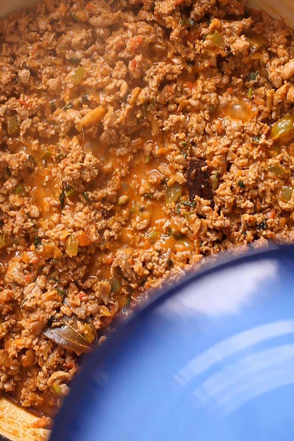 Browned keema ready to cook with lid closed. 
