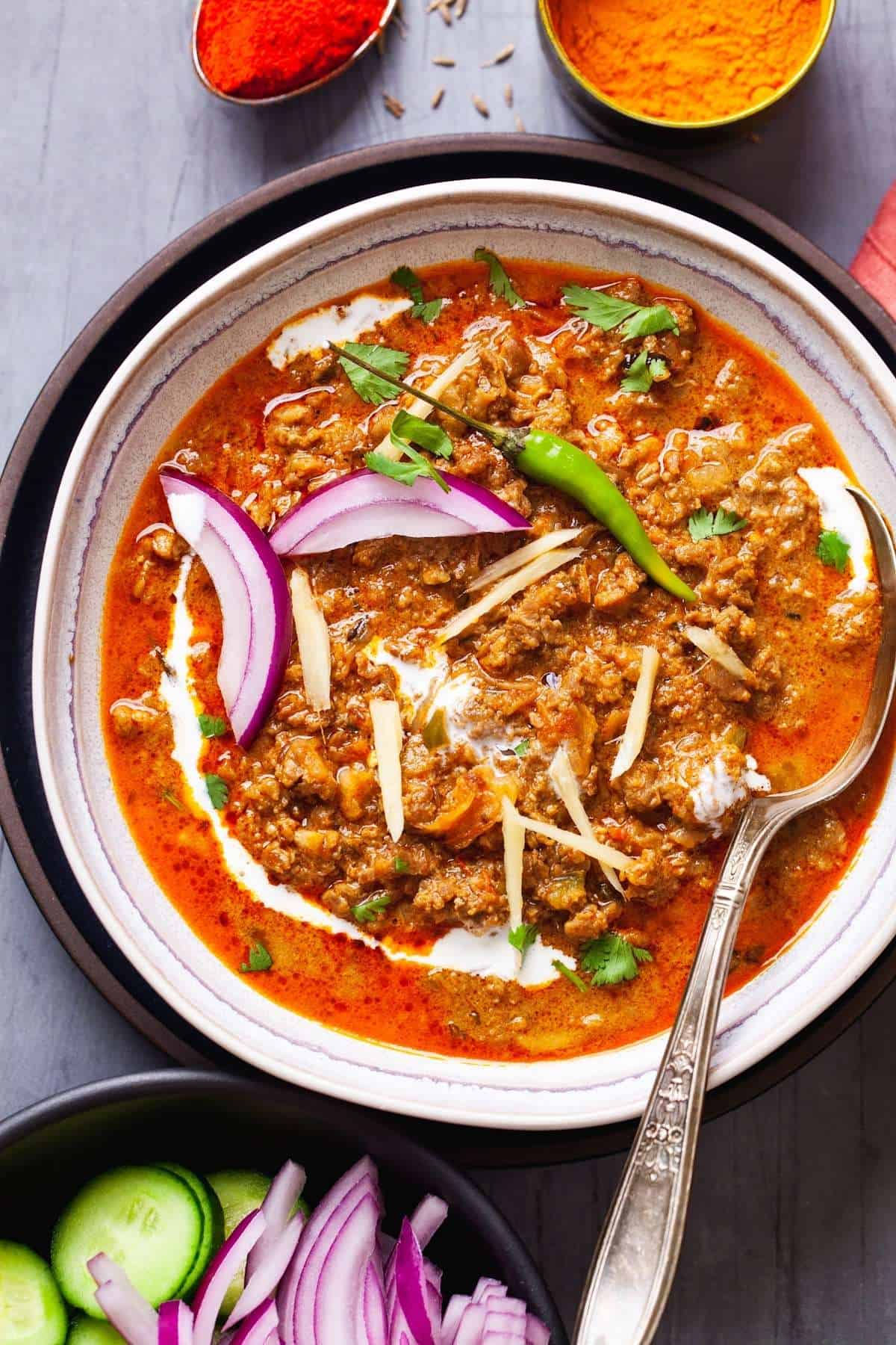 Close of Indian Spiced Minced Meat (Goat Keema).