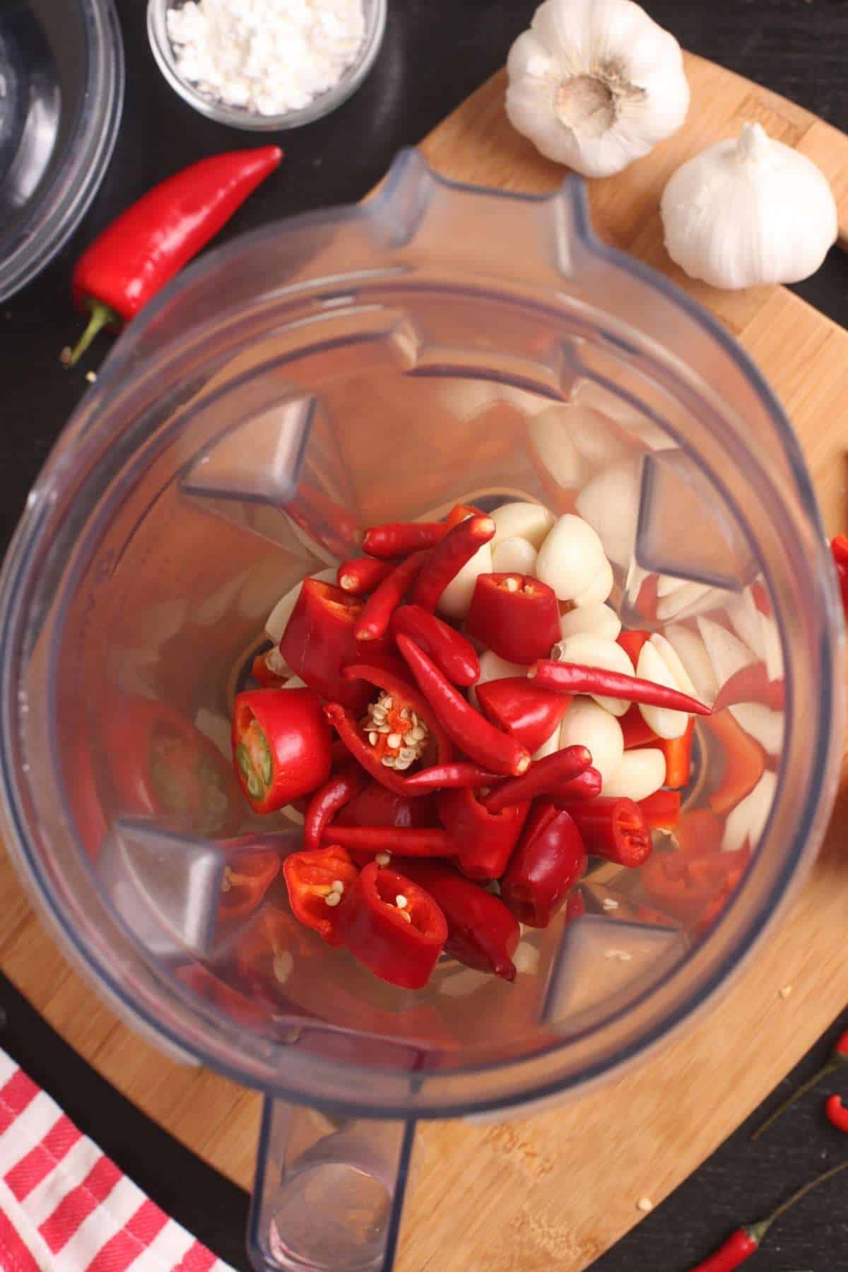 Peppers, Garlic and Vinegar in a Vitamix blender jar