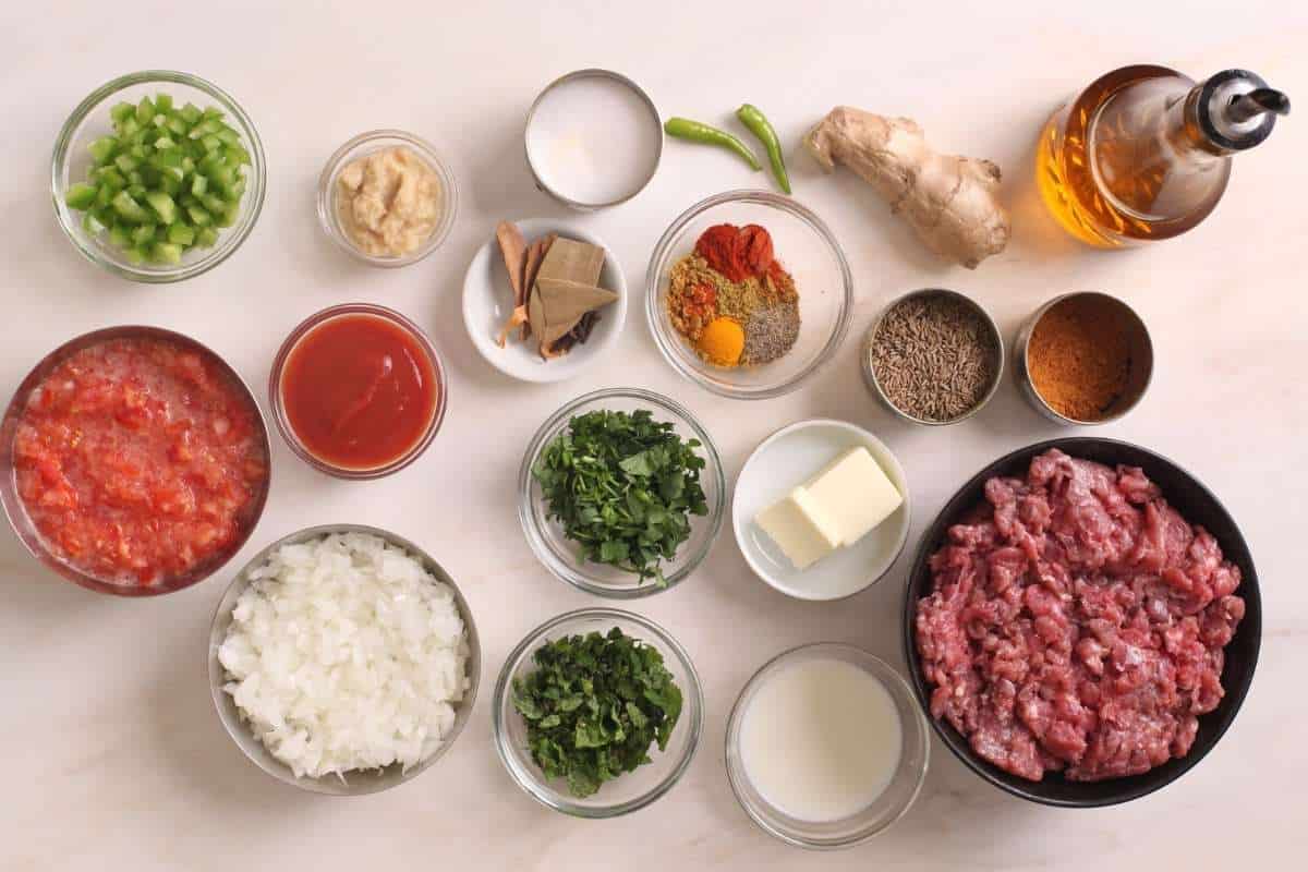 Ingredients needed for making keema masala. 