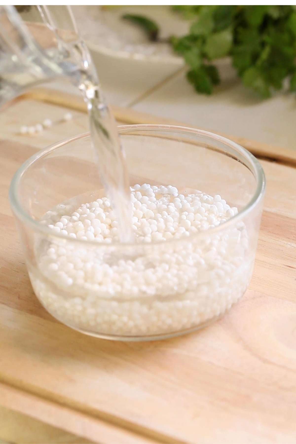 Soaking sabudana in a glass bowl.
