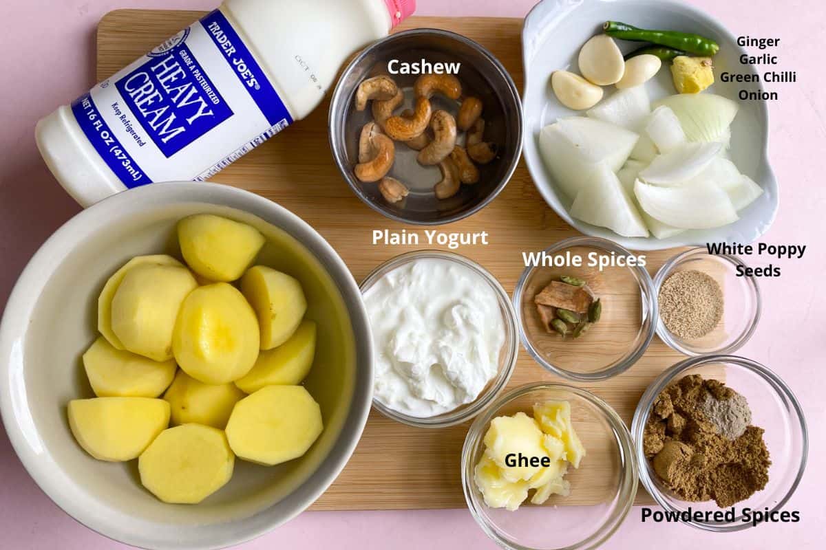 Ingredients needed to make creamy indian potato curry.
