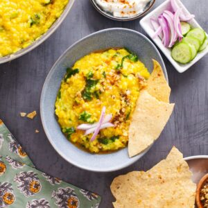 Yellow Moong Dal Khichdi With palak Featured Image.