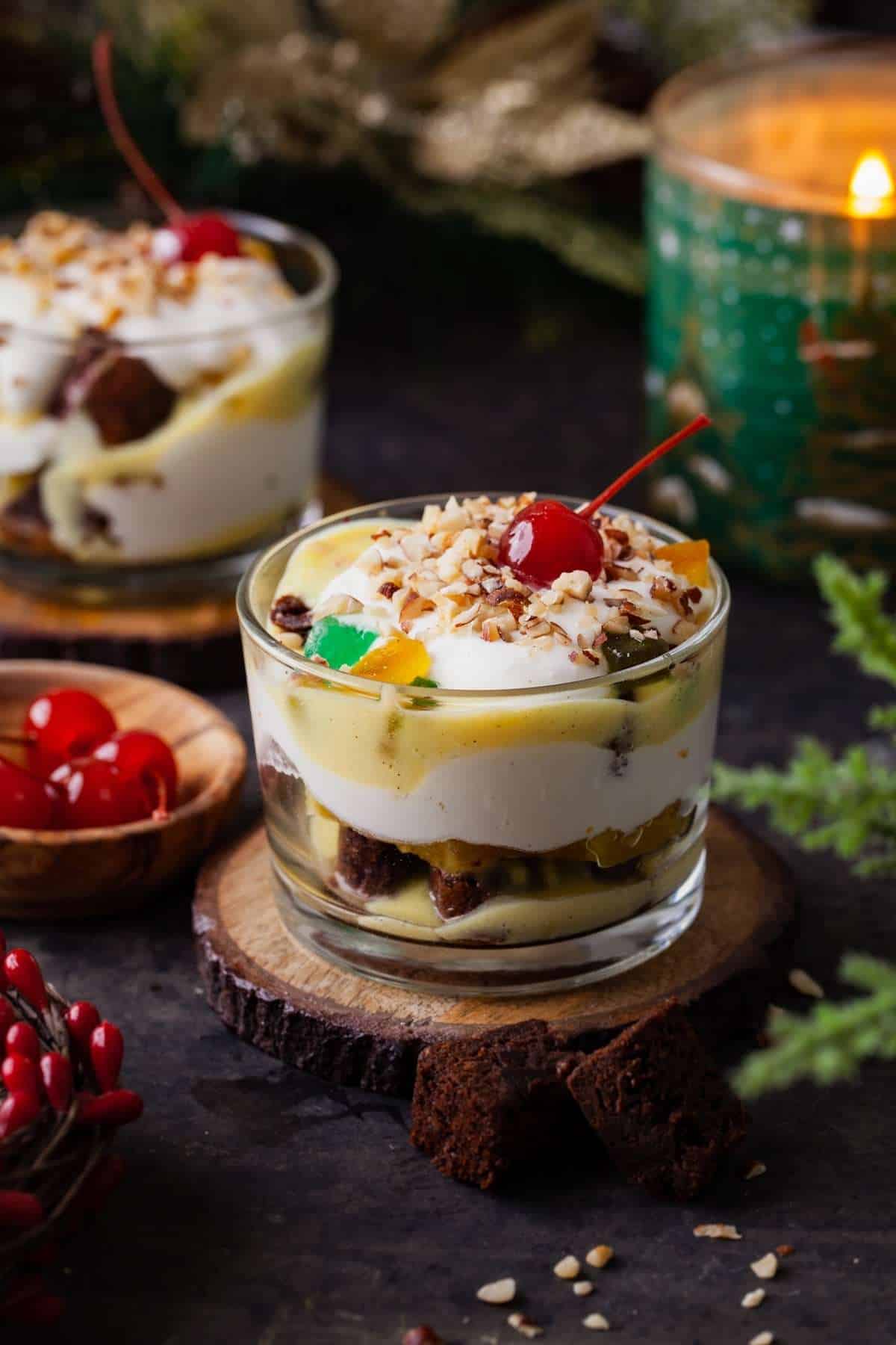 Brownie Trifle with tutti fruitti & hazelnuts topping.