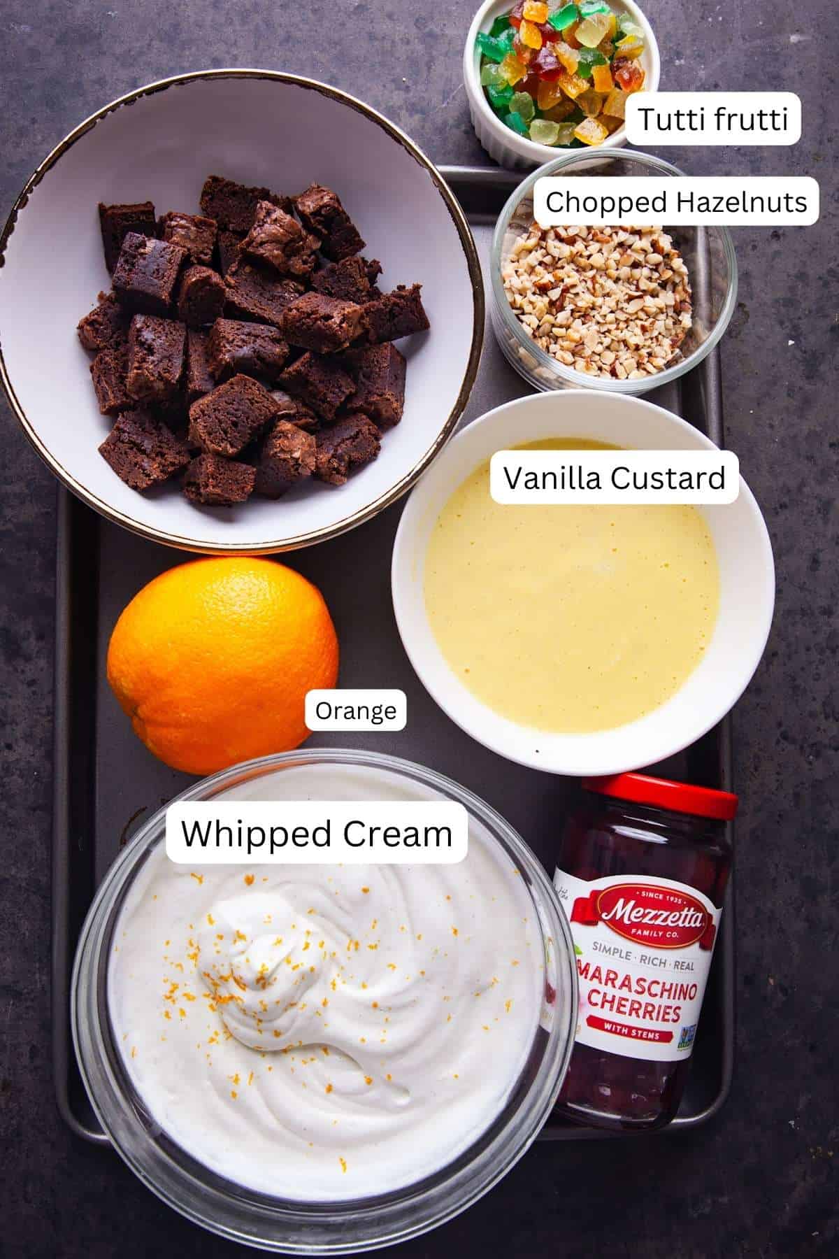 Ingredients needed to make brownie trifle. 