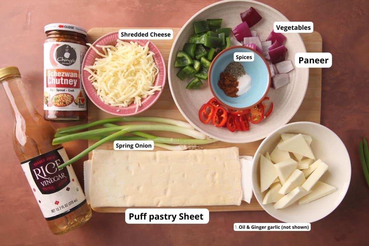 Ingredients needed to make spicy indian paneer appetizer tart.