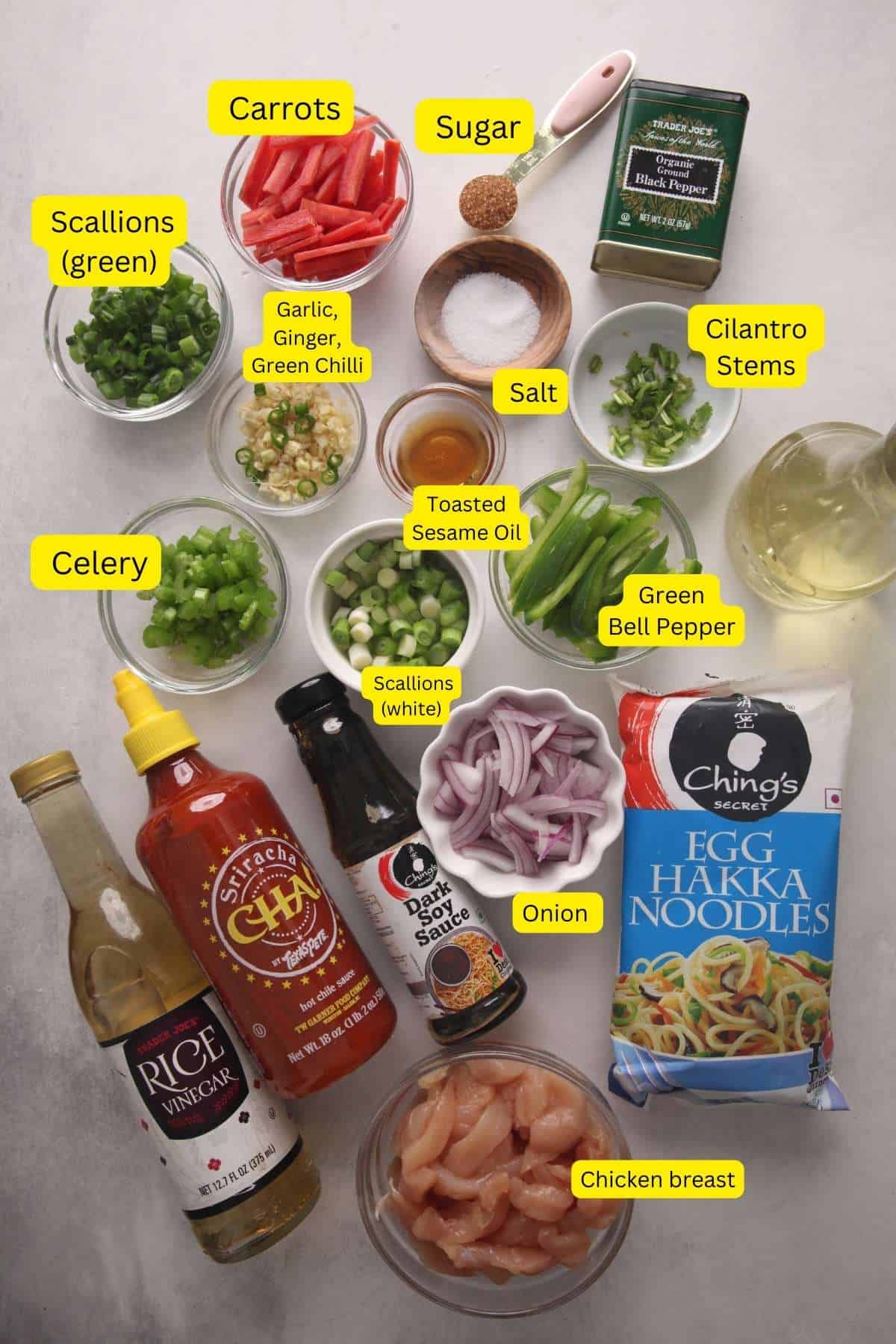 Ingredients needed to make chicken hakka noodles. 