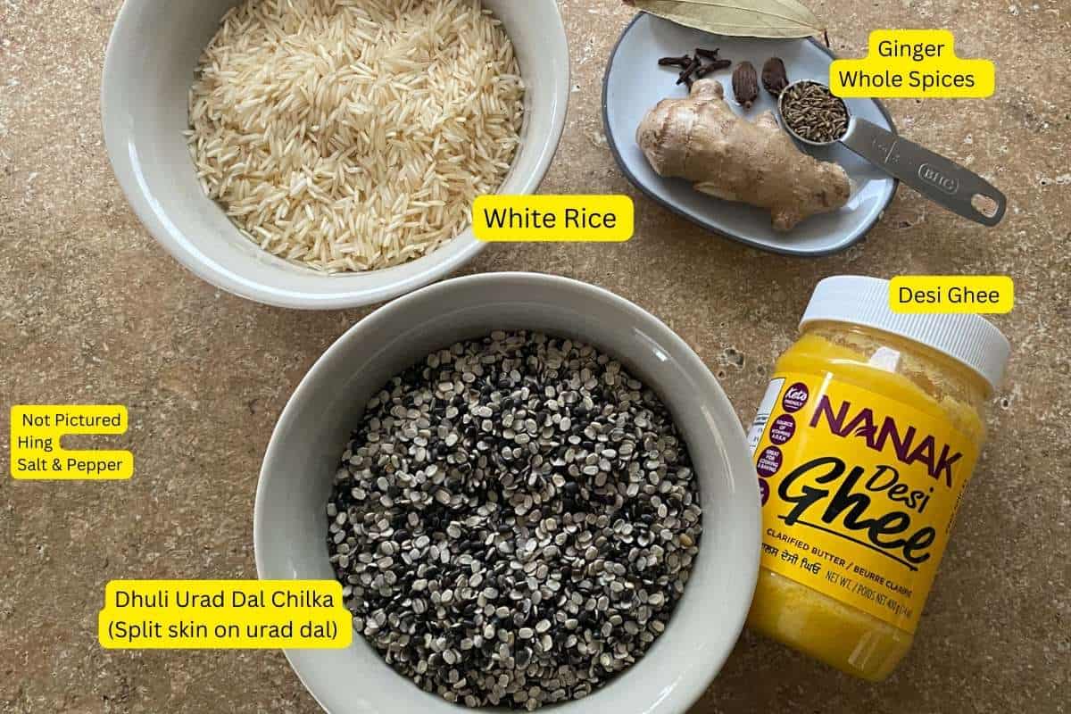 Ingredients needed to make Urad Dal Khichdi.
