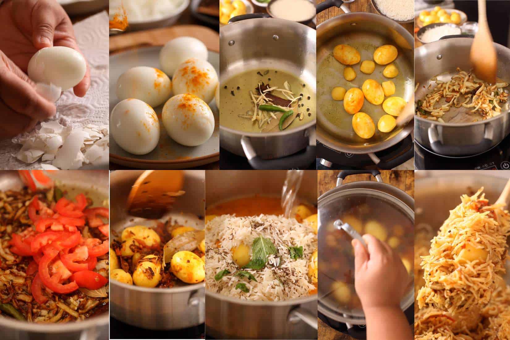 Cooking steps of making egg pulao.