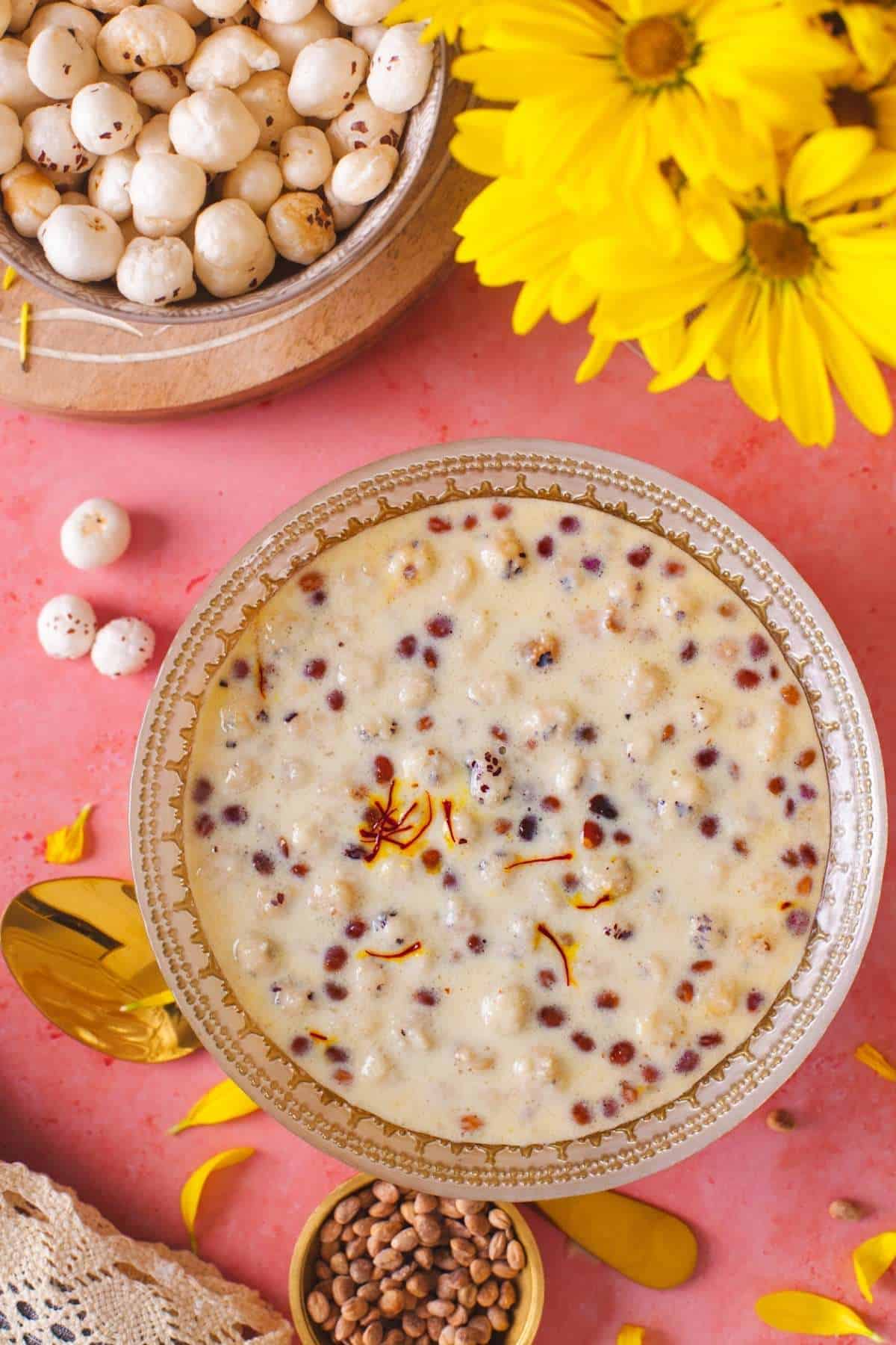 Indian Lotus Seeds Pudding in a bowl garnished with saffron. 