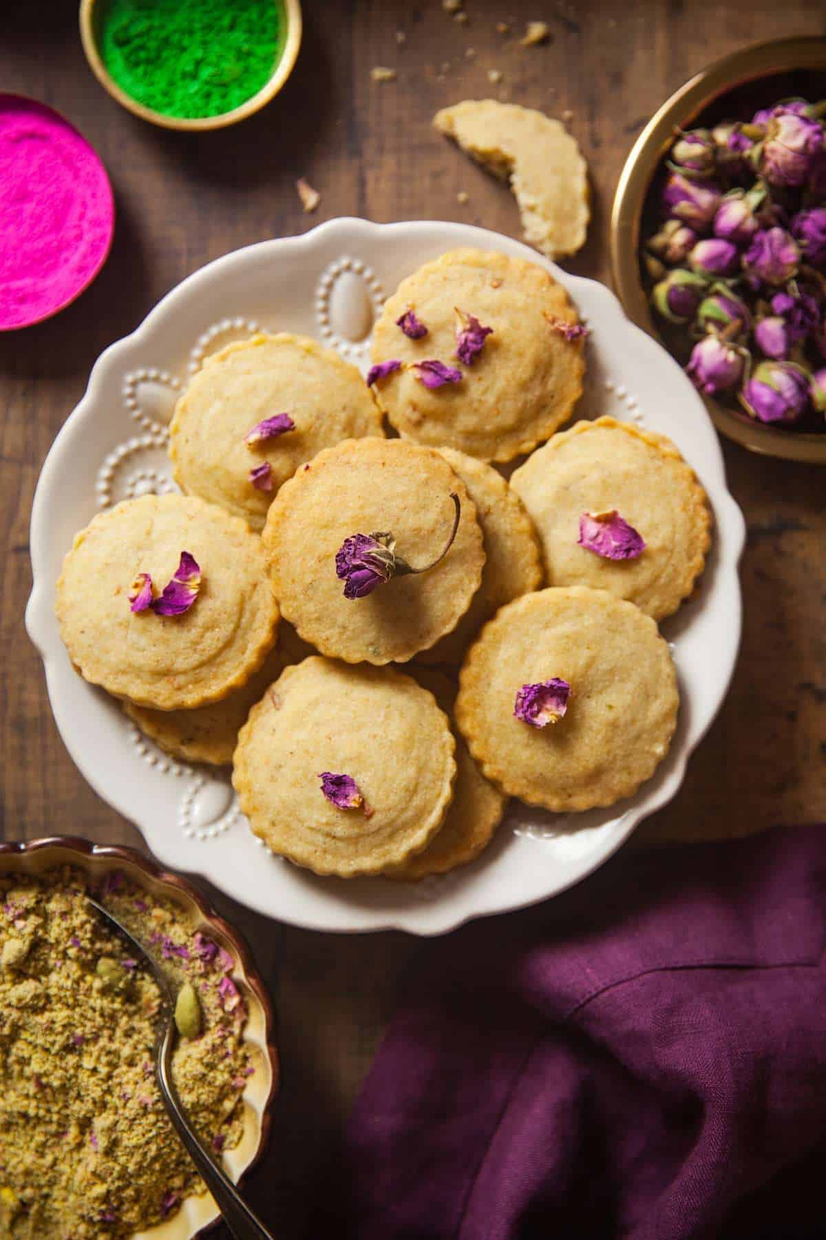 Thandai shortbread cookies in a lace ceramic plate. 