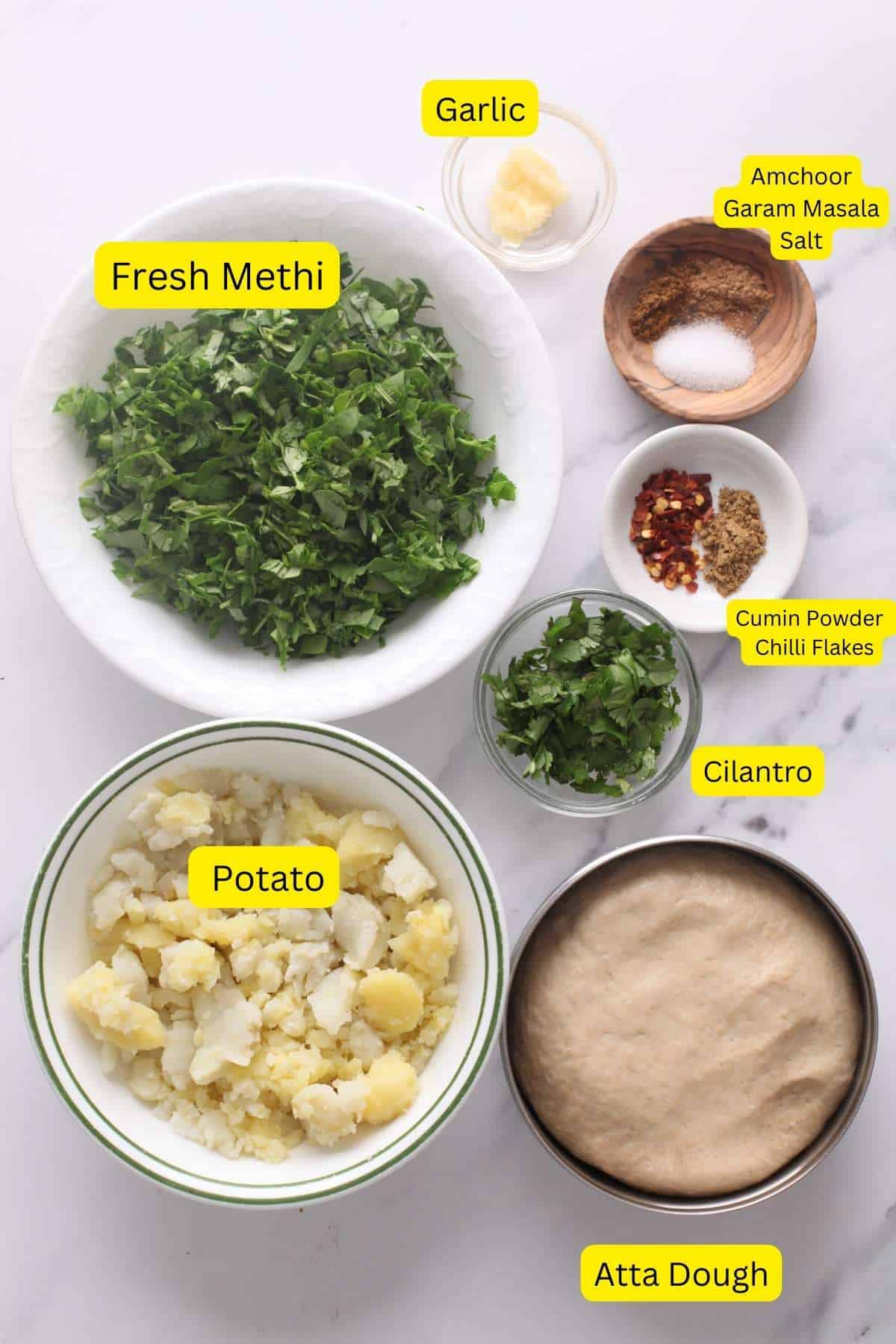 Ingredients needed to make methi aloo  paratha.
