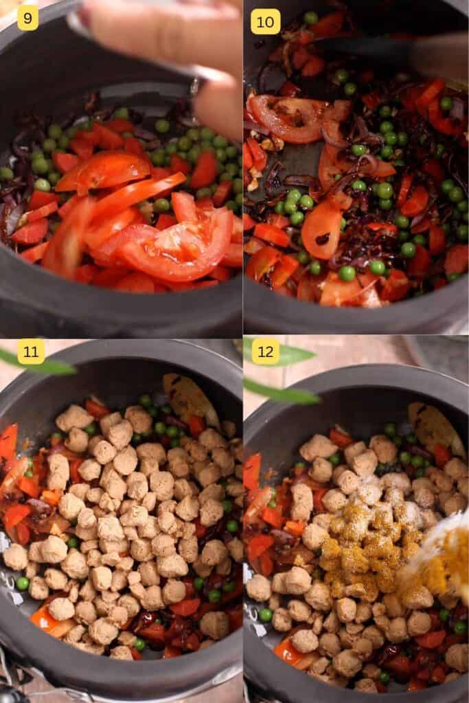 Steps showing process of soya chunks pilaf