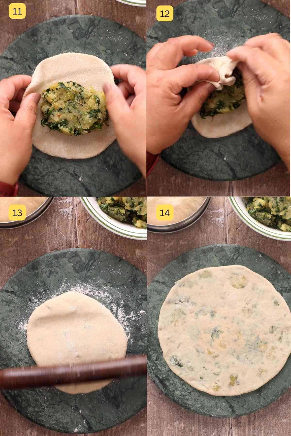 Steps of stuffing the dough with aloo methi filling. 