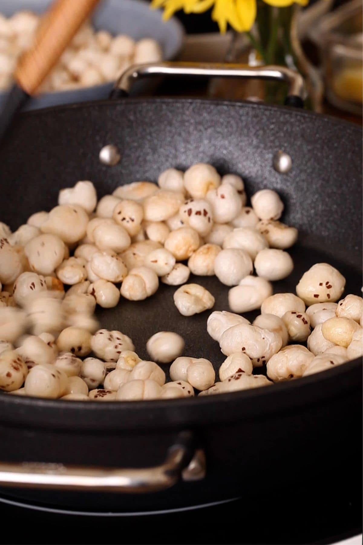 Makhana are toasted in ghee on low heat.