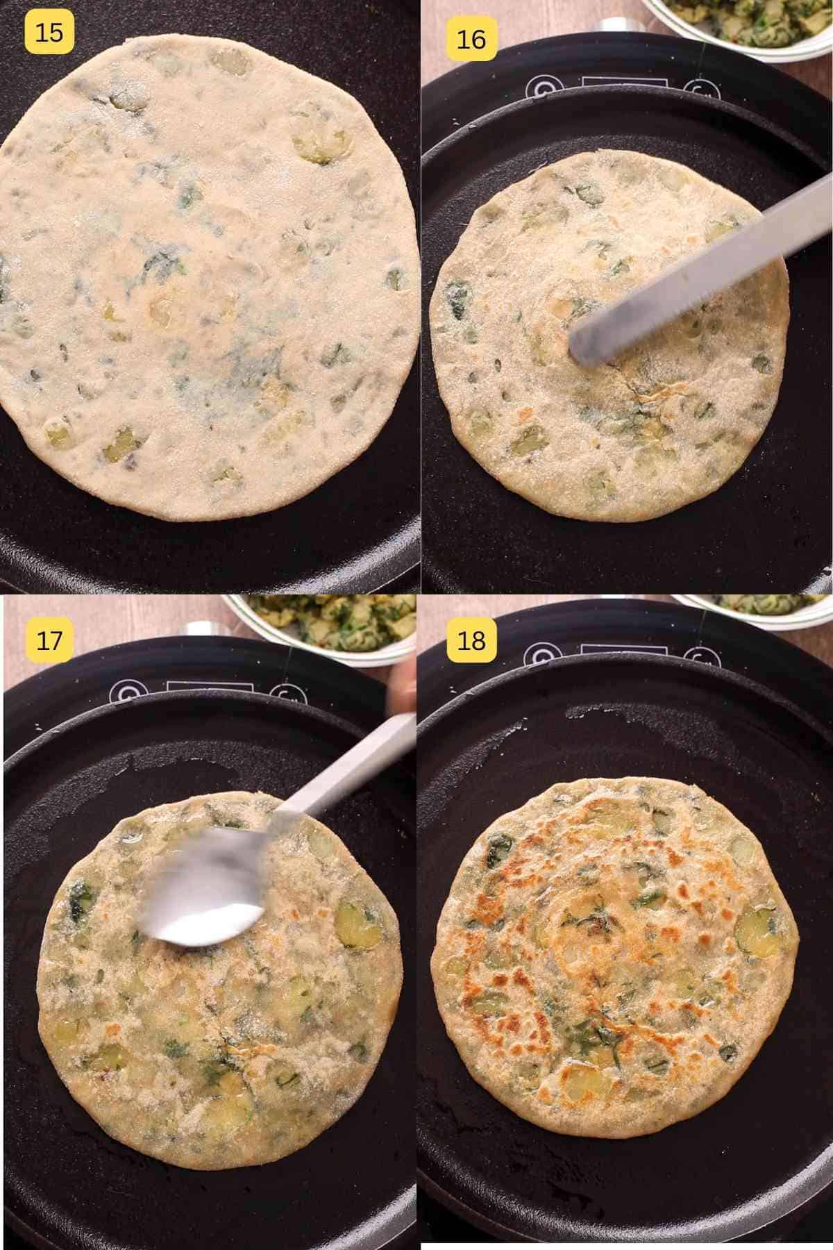 Steps of frying parathas on a tawa griddle. 