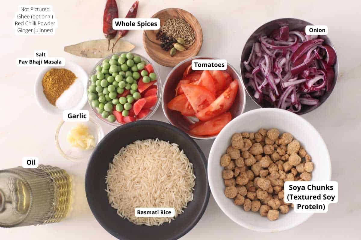 Ingredients for Soya Chunks Pulao.