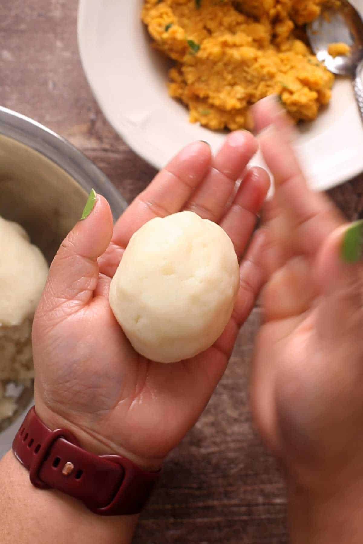 Shaped Aloo tikki stuffed with lentils.