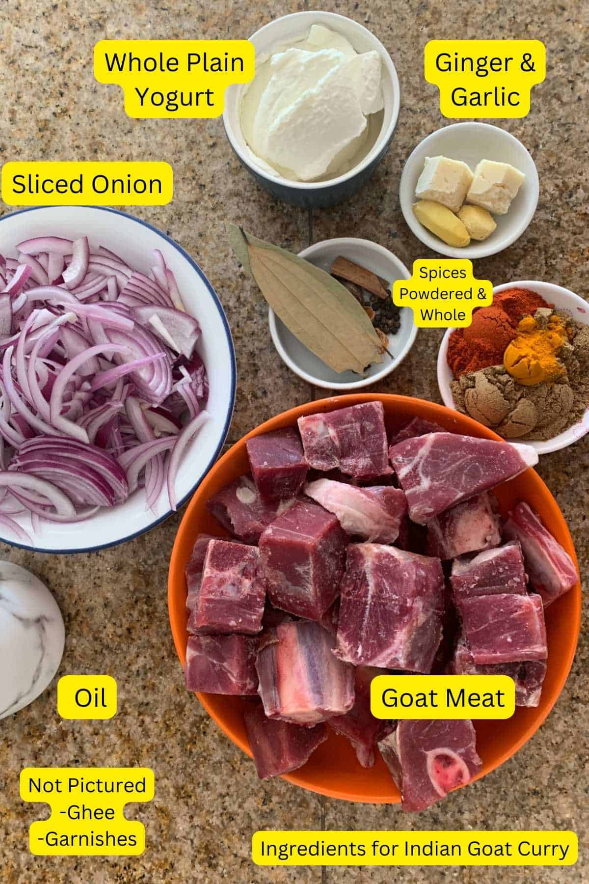 Ingredients Needed to Make Indian Goat or Mutton Curry.
