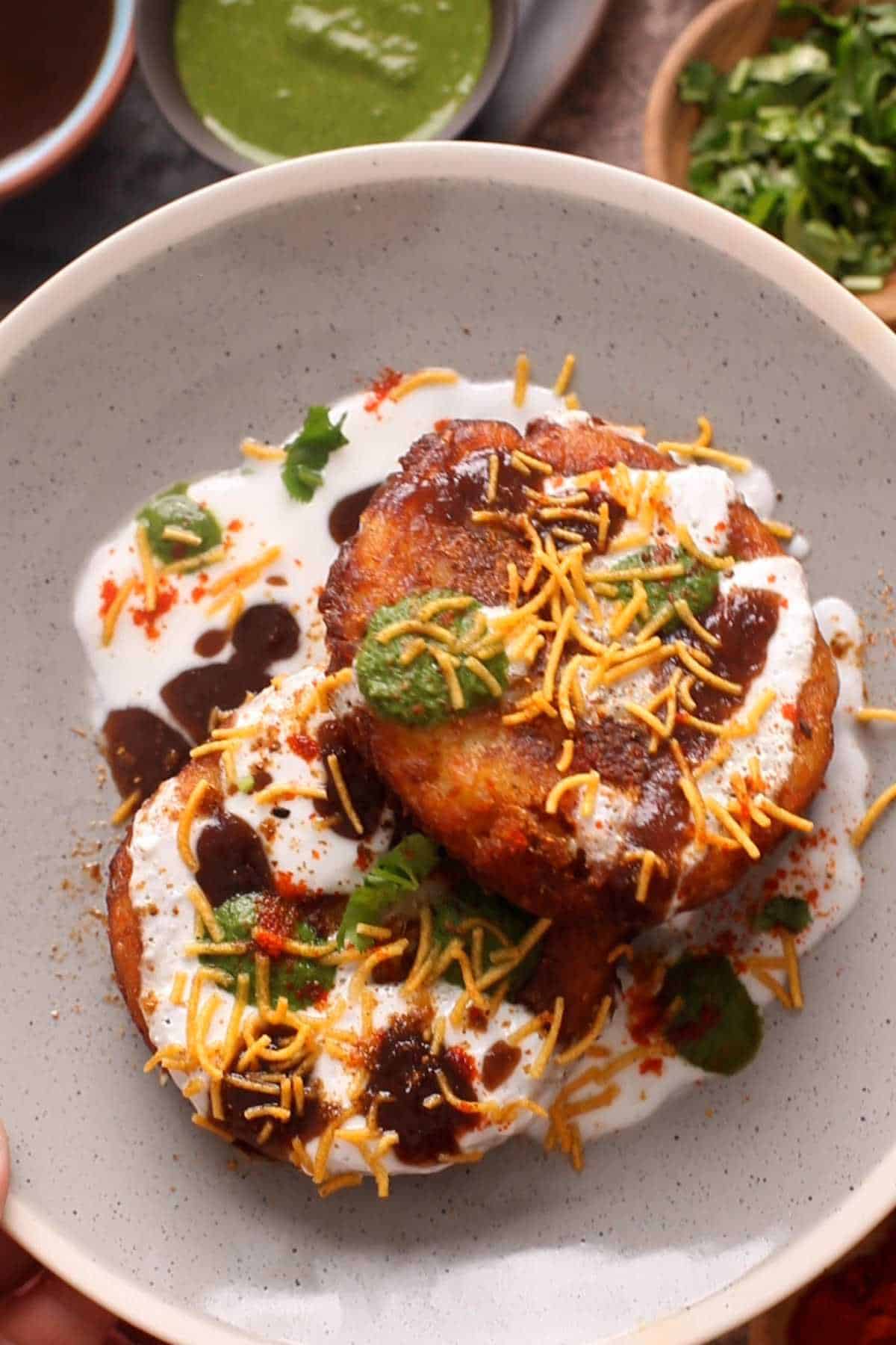 Aloo tikki chaat is ready to serve.