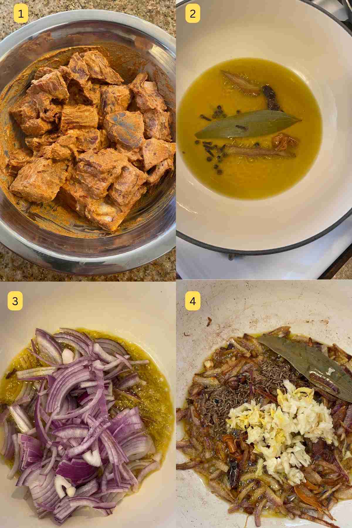 Preparing goat and browning onions for goat curry in dutch oven.