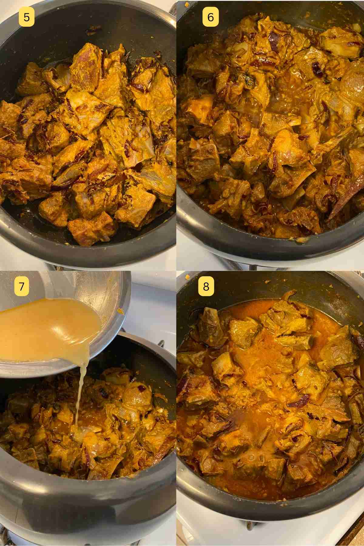 Browning goat meat with onions, yogurt and spices.