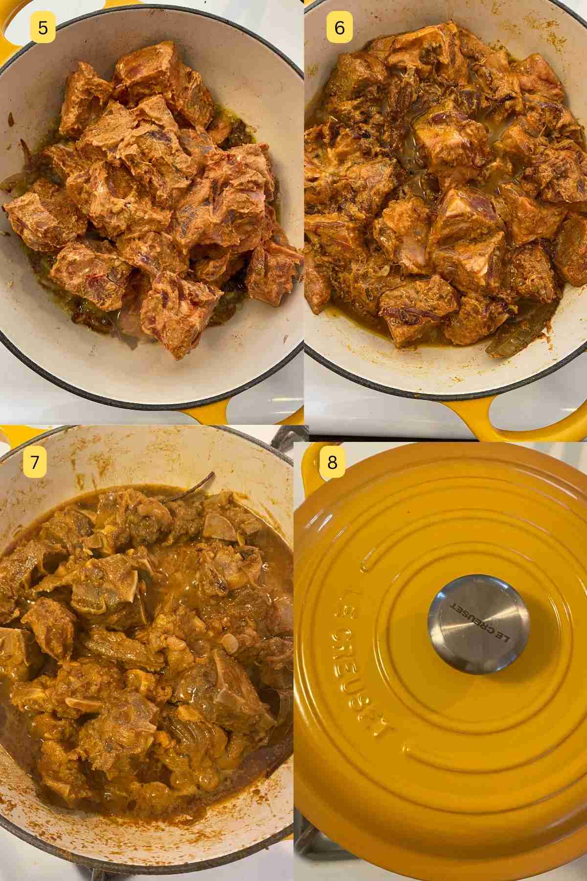Step photos of making indian mutton curry on a stove top.