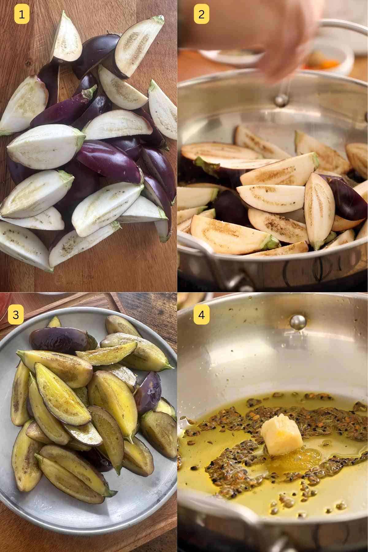 Process shots of making achari baingan. 