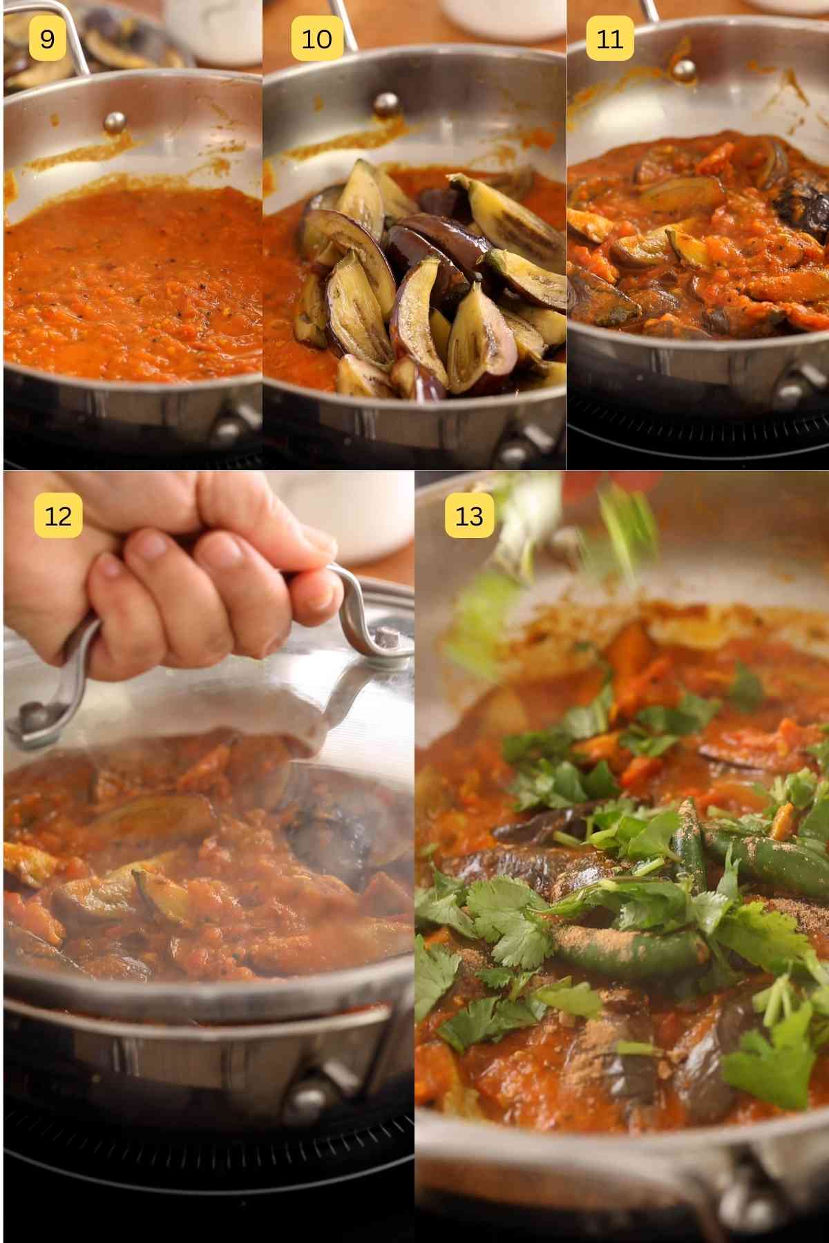 Process shots of making eggplant with indian pickle spices.
