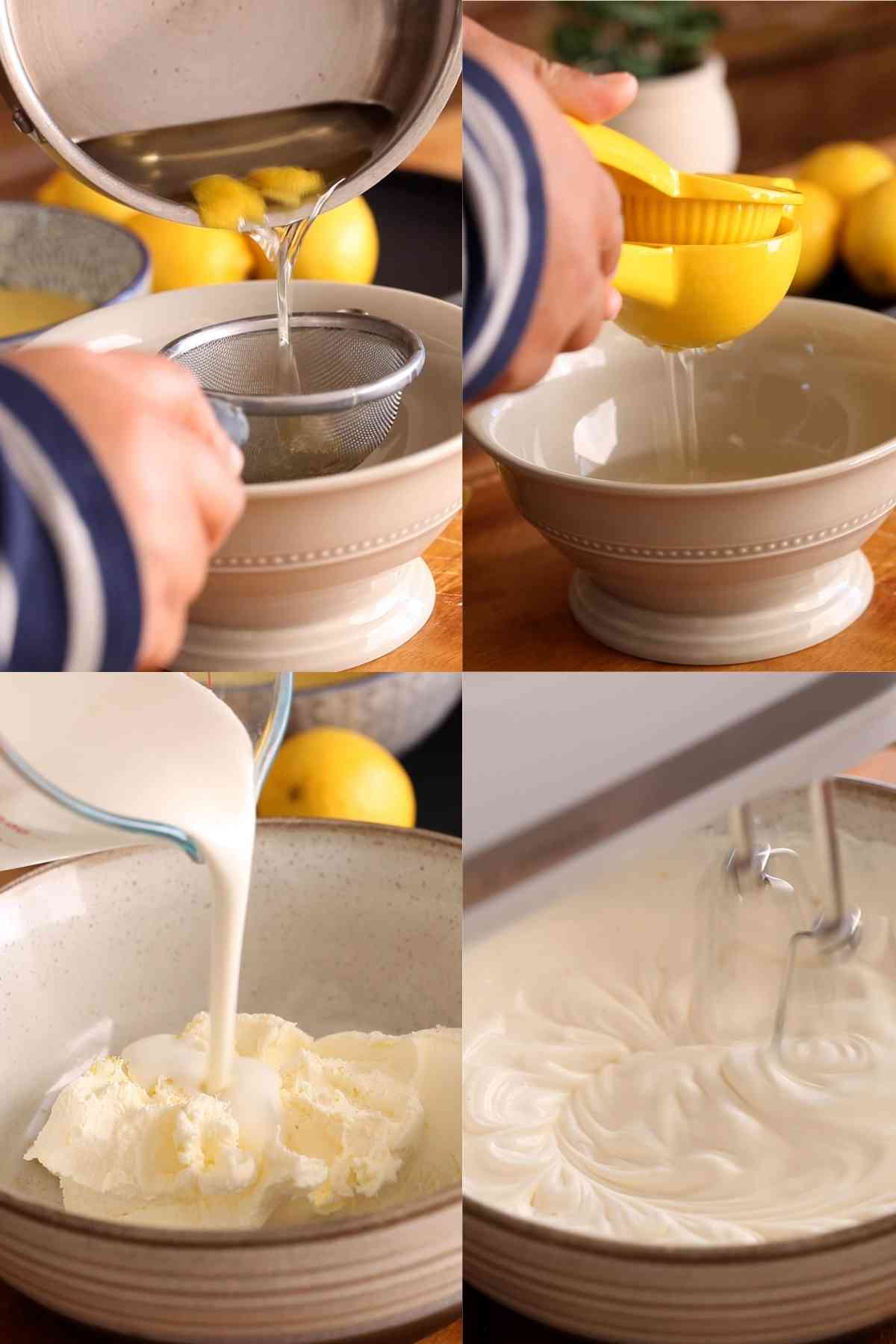 Process pictures of making lemon simple syrup & mascarpone cream mixture.