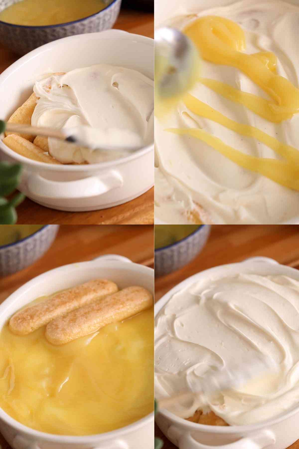 Step images of assembling raw effects fresh lemon tiramisu.