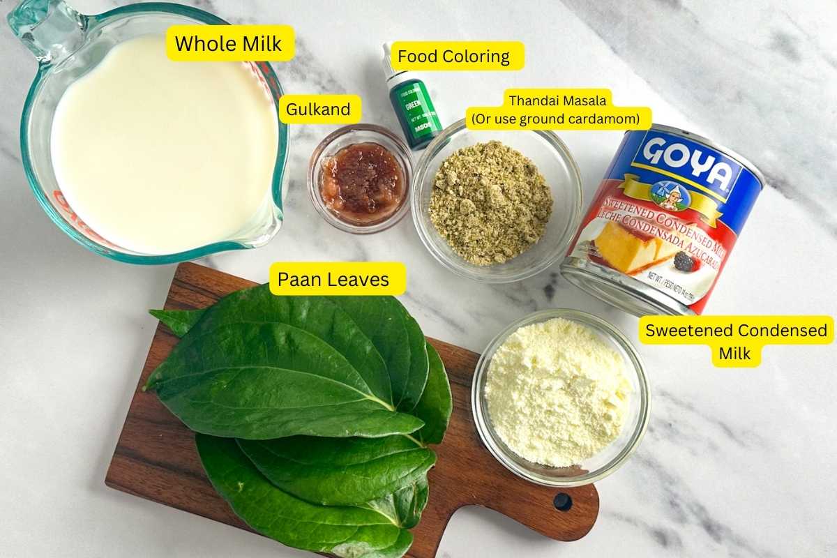 Ingredients Needed for Making Royal Paan Kulfi With Condensed Milk.