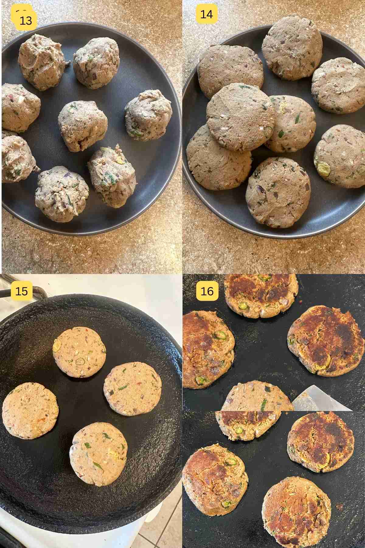 Photos showing how to pan fry shami kebab.