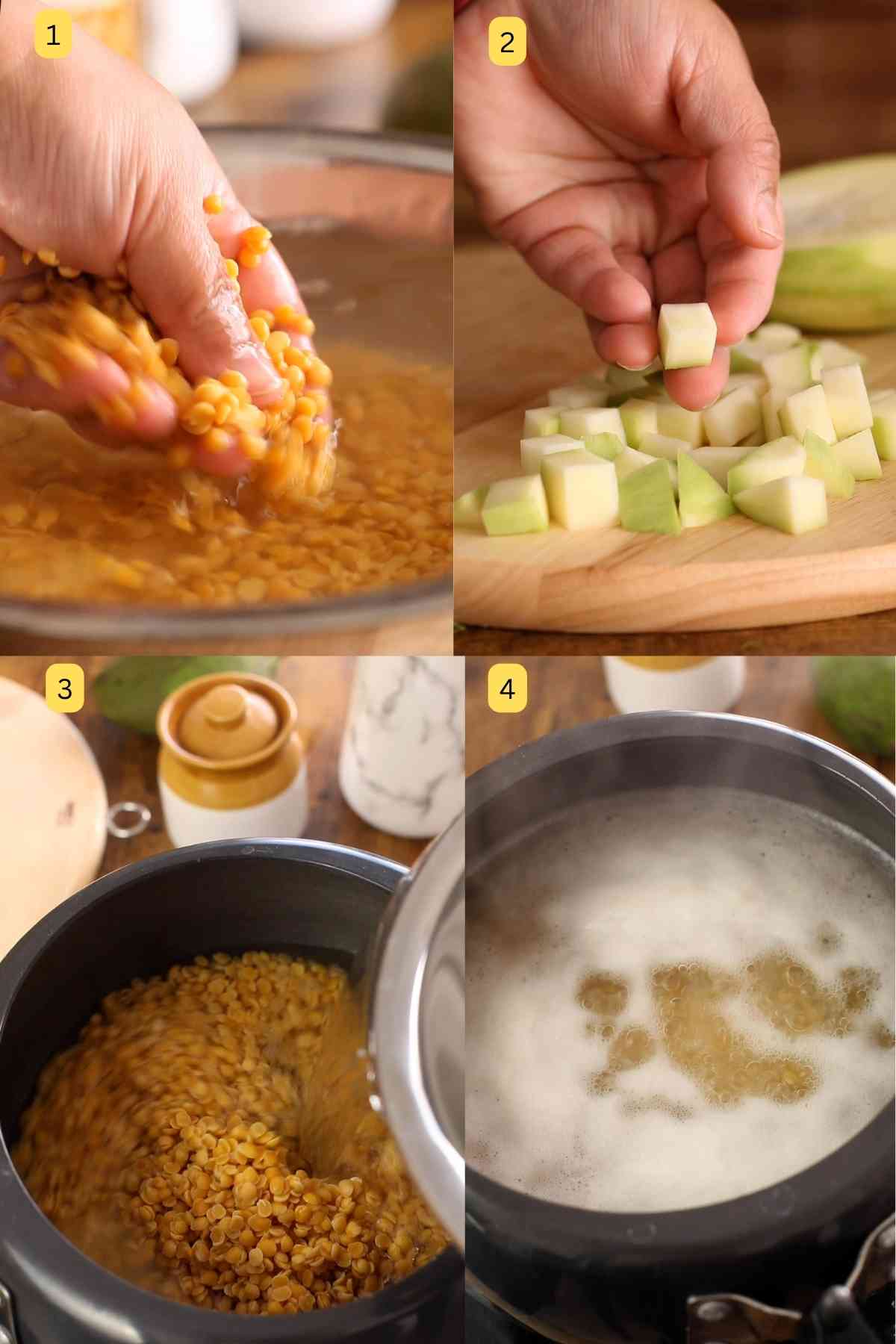 Photis showing preparation for making raw mango dal.