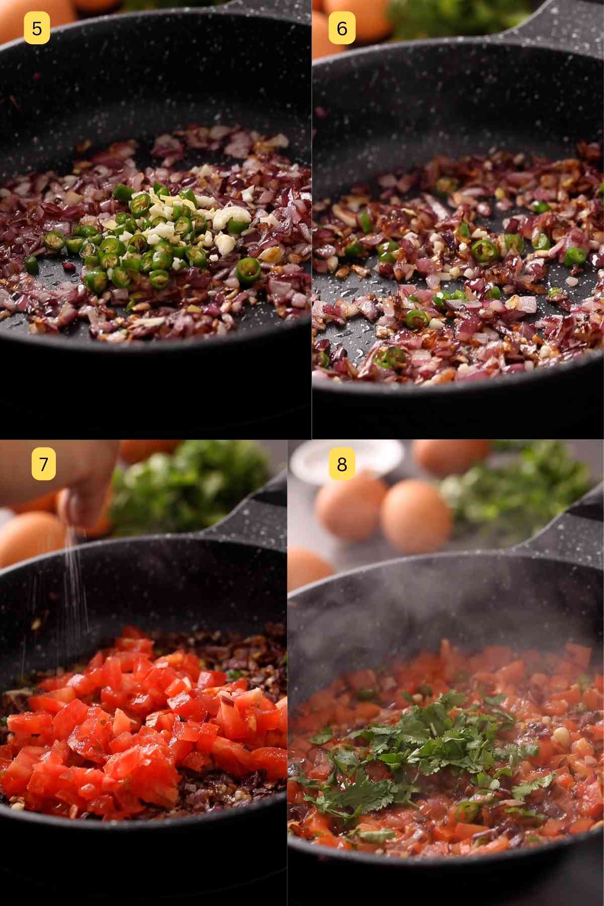 Photo steps of making anda bhurji in a black non stick pan.