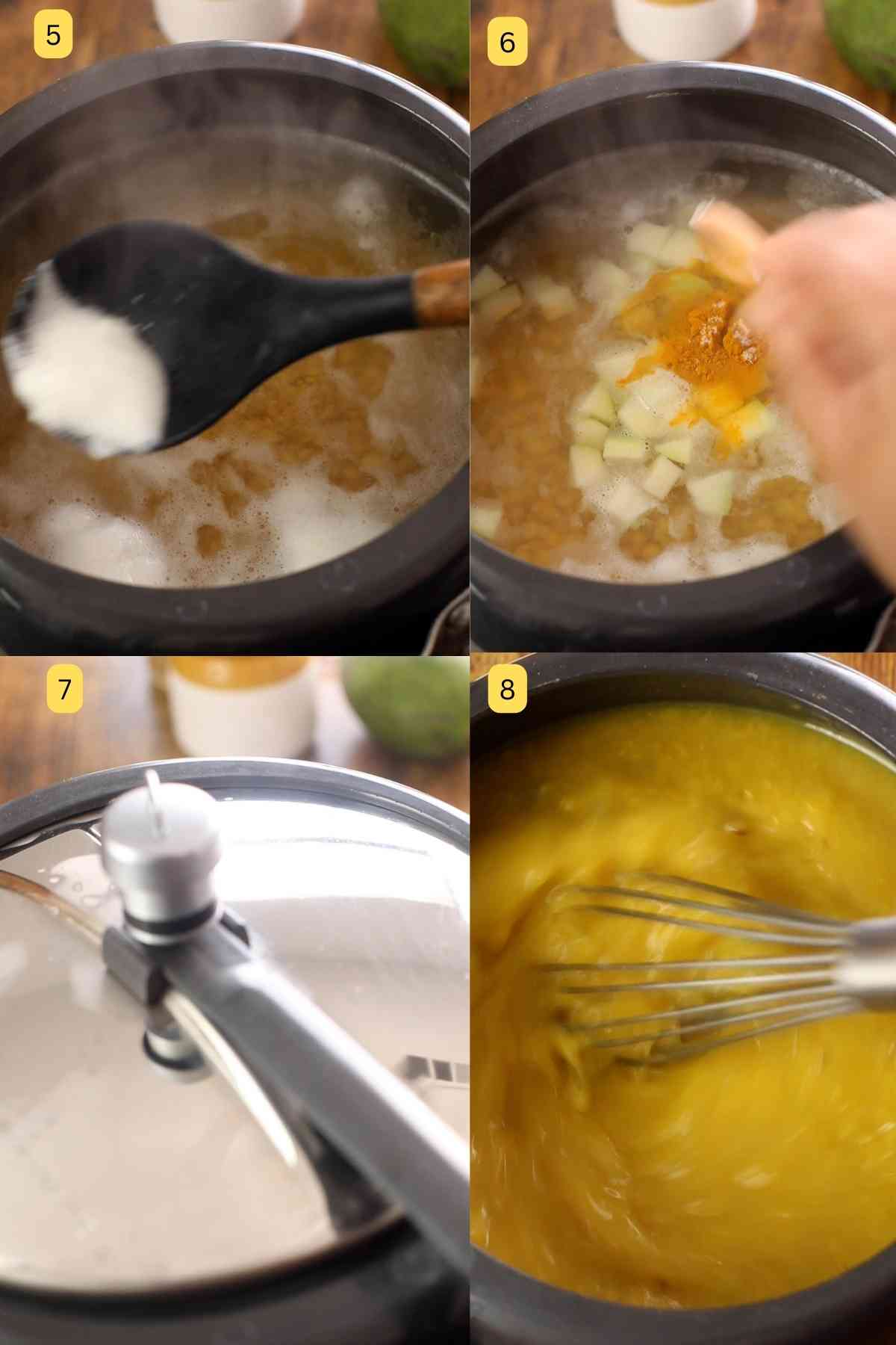 Photos showing how to cook lentils in a pressure cooker.
