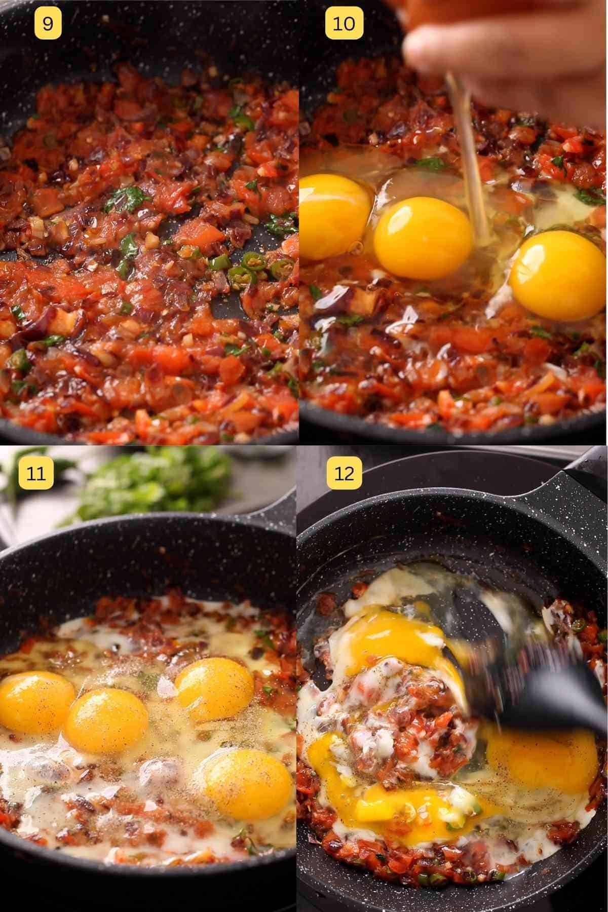 Photo steps of making egg bhurji with cracked eggs and spices.