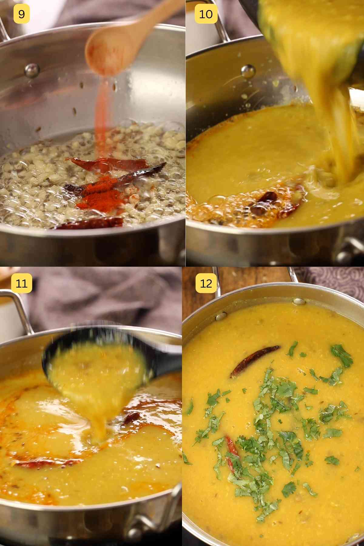Photos showing how to temper green mango dal.