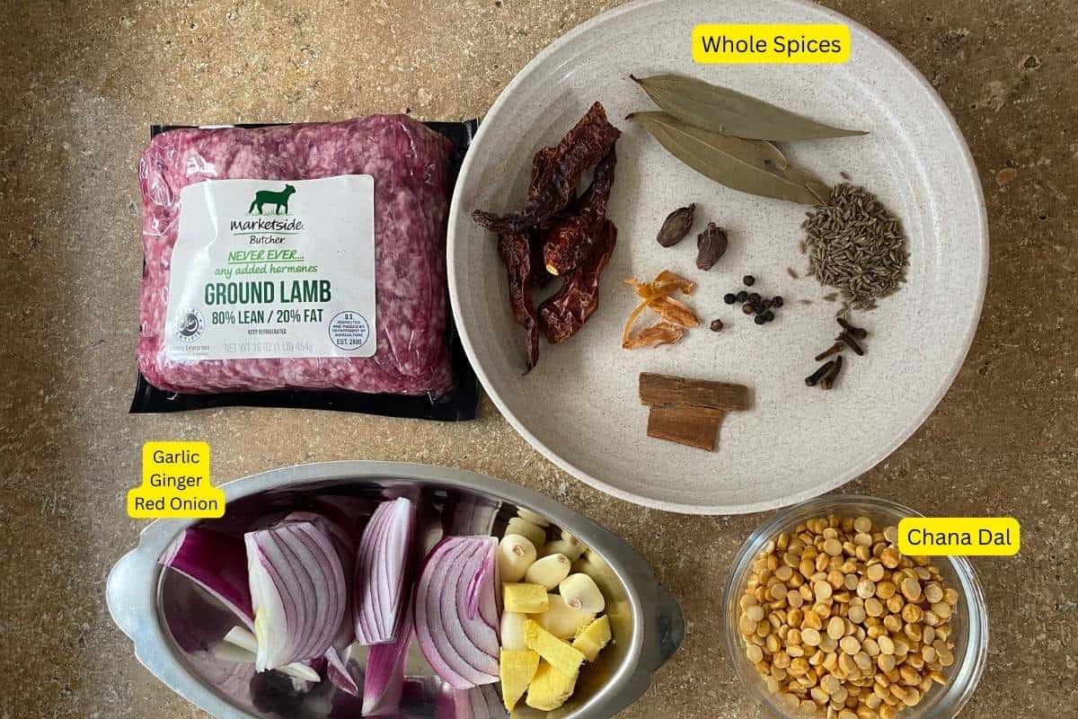 Ingredints needed to make minced meat shaami kebab.